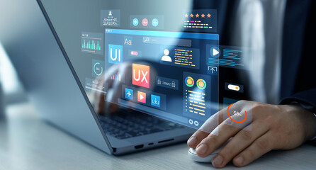 Holographic UI-UX, display icons of UX-UI designer, creative planning, data visualization. Web design, application design,coding develop.UX-UI design web and user design development.