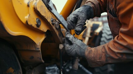Heavy equipment mechanic adjusting hydraulic systems. Featuring problem-solving and mechanical expertise