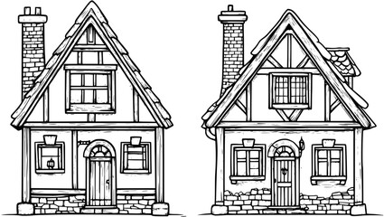 Two Tudor style Almshouses designs, Tudor style Almshouses vector illustration