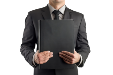 A well-dressed man holds a sleek black binder against a clean white backdrop, embodying professionalism and readiness for a crucial meeting isolated on transparent background