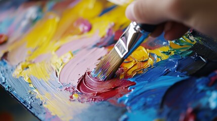 Painter mixing paint colors. Indoor studio setup