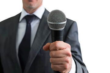 A confident speaker delivering a powerful message with a microphone in hand during an inspiring presentation in a bright setting isolated on transparent background