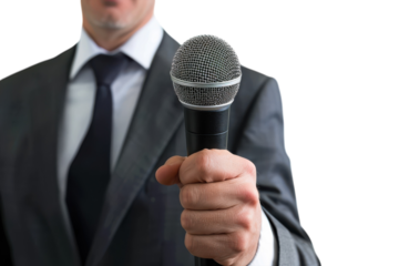 A confident speaker delivering a powerful message with a microphone in hand during an inspiring presentation in a bright setting isolated on transparent background