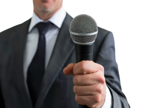 A confident speaker delivering a powerful message with a microphone in hand during an inspiring presentation in a bright setting isolated on transparent background