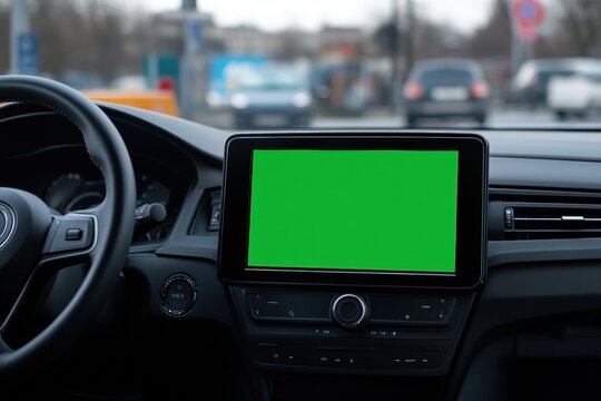 Navigator with green screen in the car dashboard. GPS module. Driver using smart phone with green background. Man steering wheel, driving on highway with smartphone navigation. Digital display monitor - Powered by Adobe