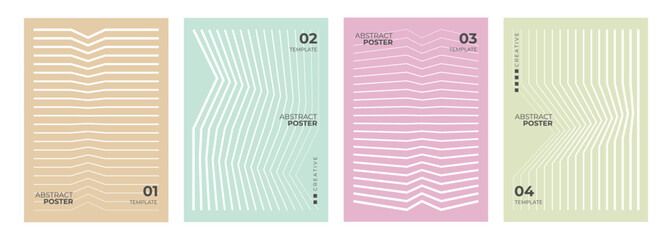 Set of abstract posters. White line patterns. Minimalist cover templates. Futuristic color backgrounds for creative graphic design. Vector illustration.