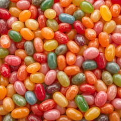 A vibrant close-up shot showcases a multitude of colorful jelly beans in assorted fruity flavors creating a delicious and tempting background.