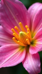 Fototapeta premium Delicate pink petals, vibrant yellow stamen Close-up view , yellow center, pastel