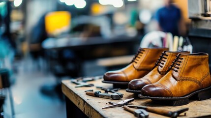 Handcrafted leather boots on workbench in shoe repair shop
