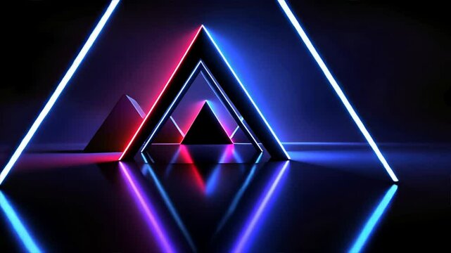 3D abstract background with blue and purple glowing neon triangles on a black backdrop, creating a striking digital glow, Neon background with glowing shapes