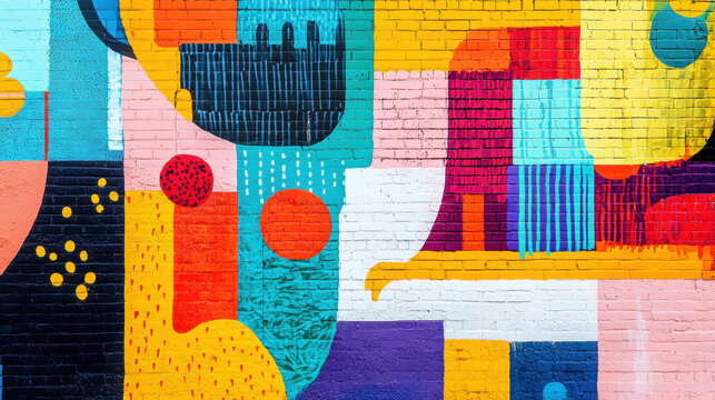 A vibrant urban mural with bold colors, abstract shapes, a brick wall, and a sunny city street nearby