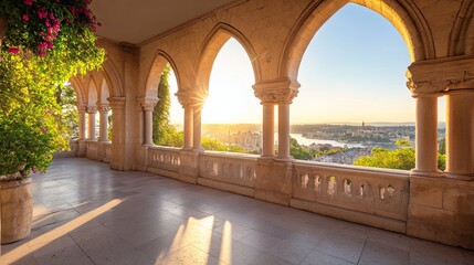 Scenic Sunset View from Stone Archway Overlooking River Landscape