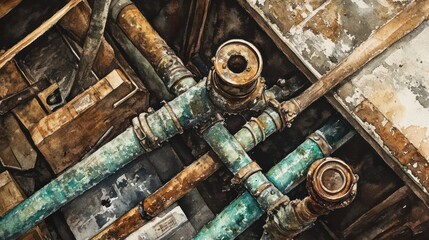 Close-up of corroded copper pipes in a dusty attic, surrounded by tools and boxes&mdash;nostalgic and decaying, rendered in textured watercolor style.

