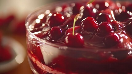 A layered dessert in a glass featuring cherries, cream, and chocolate shavings, creating a visually appealing and indulgent treat.