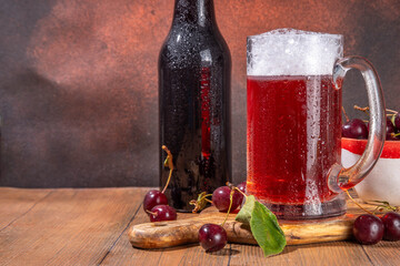 Craft cherry beer alcohol drink mug and bottle