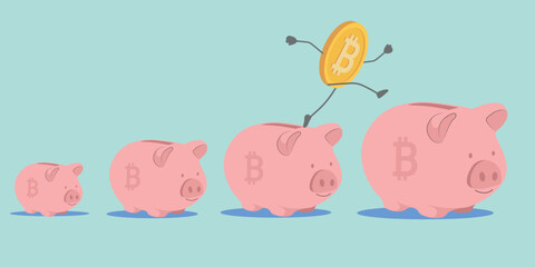 Income growth, getting interest on deposit, piggy bank, saving money in digital currency. Bitcoin, cryptocurrency rate growth, vector illustration electronic money