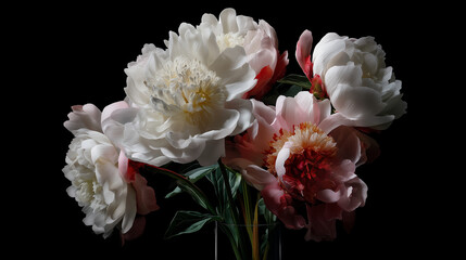 White and pink peonies in dramatic lighting on black background