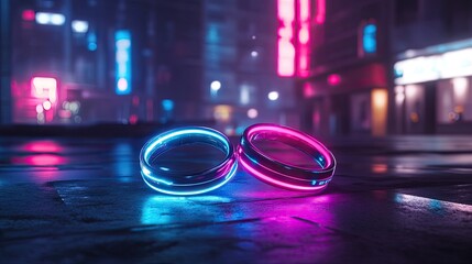 Neon Rings on Urban Street With City Lights at Night
