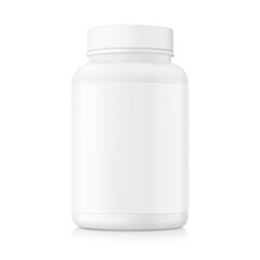 Realistic white pills bottle mockup. Vector illustration isolated on white background. Can be used for medical, cosmetic, pharmacy, medicine, sport, food. EPS10.
