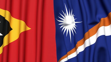 Flags of EAST TIMOR and MARSHALL ISLANDS with realistic cloth texture