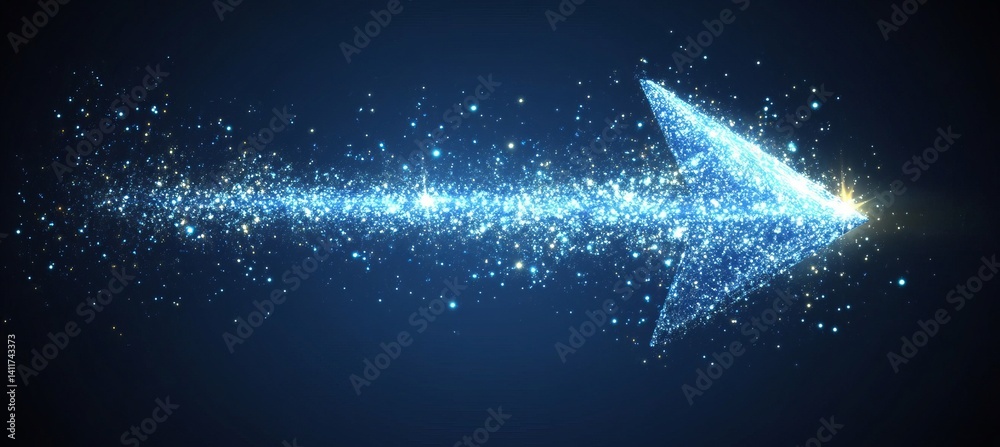 Poster a arrow with a lot of dots on it. abstract arrow with digital lines and glowing dots on a blue backg