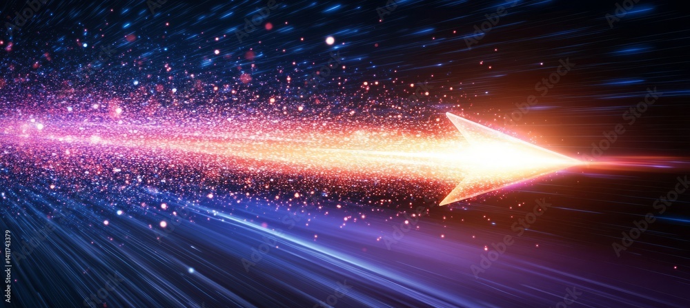 Poster a arrow with a lot of dots on it. abstract arrow with digital lines and glowing dots on a blue backg