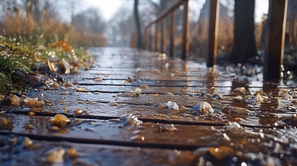 Fototapeta premium Wooden path wet with morning dew