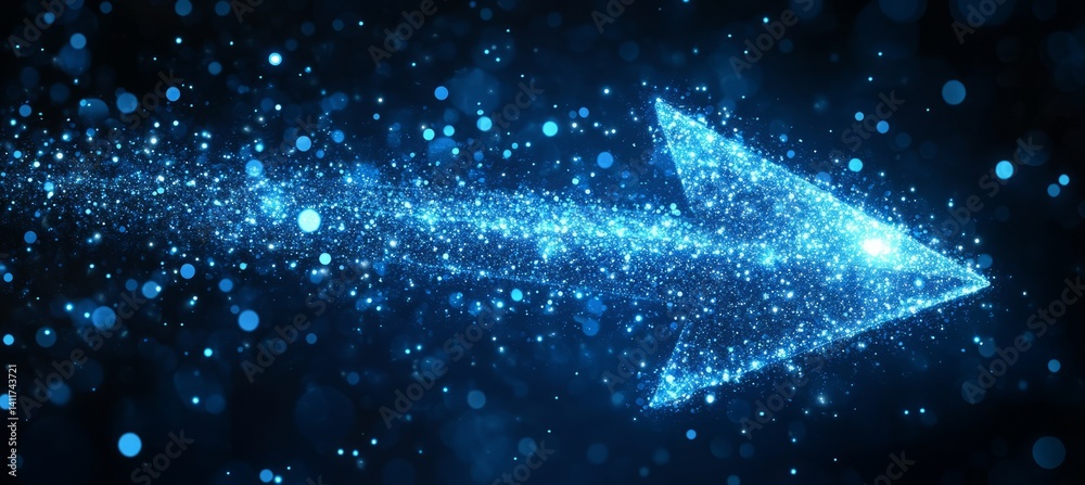 Poster a arrow with a lot of dots on it. abstract arrow with digital lines and glowing dots on a blue backg