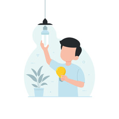 Men character reduce energy consumption with changing save energy lamp
