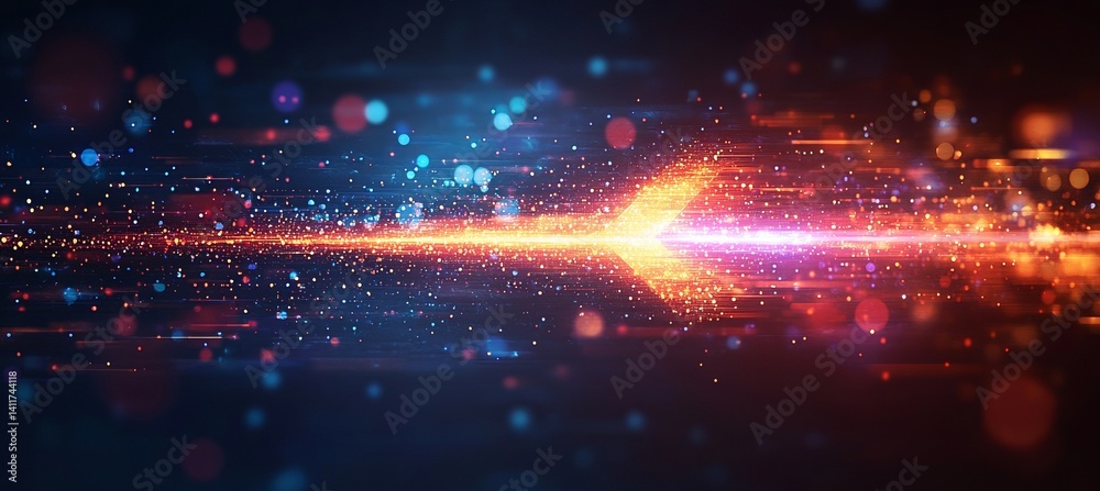 Poster a arrow with a lot of dots on it. abstract arrow with digital lines and glowing dots on a blue backg