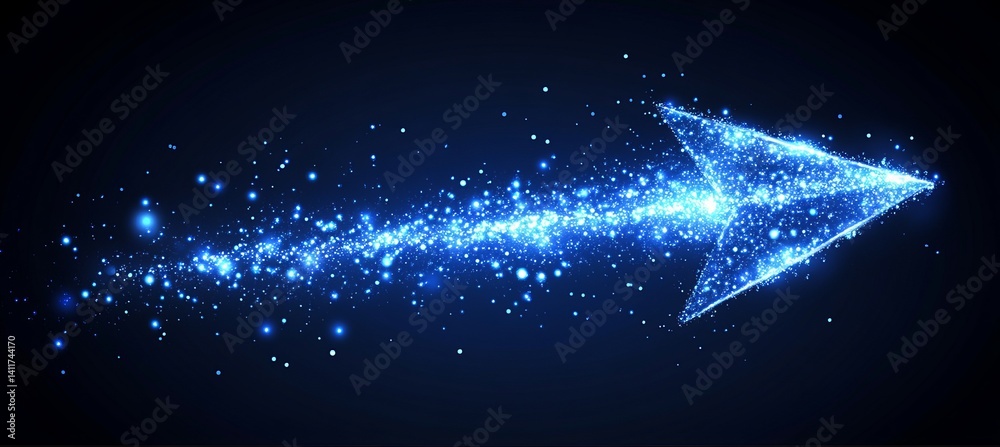 Wall mural a arrow with a lot of dots on it. abstract arrow with digital lines and glowing dots on a blue backg
