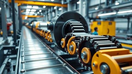 Naklejka premium A detailed close-up reveals a complex industrial roller chain drive system in a modern factory setting showcasing intricate enginee and precision