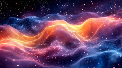 Vibrant cosmic waves of orange and blue light flowing through a starry galaxy, evoking a sense of wonder and exploration in a stunning abstract space scene.
