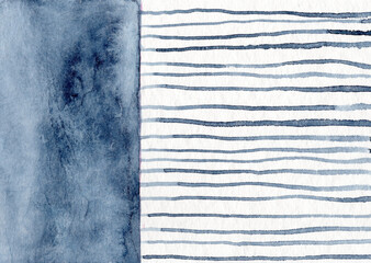 Abstract watercolor painting with blue stripes and copy space