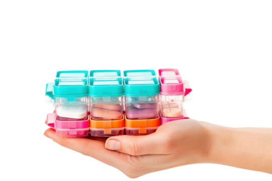 Vibrant pill organizer filled with colorful tablets held gently in a hand against a bright white background, capturing a moment of health awareness isolated on transparent background