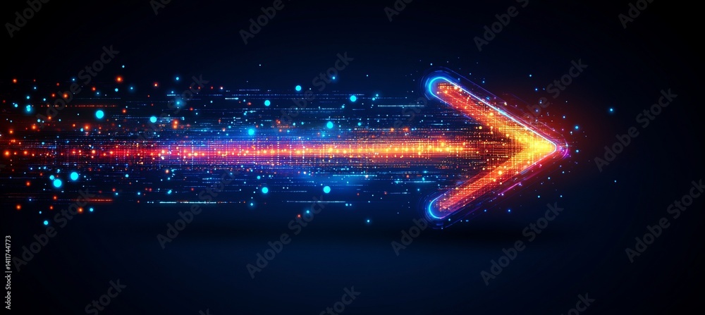 Poster a arrow with a lot of dots on it. abstract arrow with digital lines and glowing dots on a blue backg