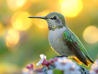 Fototapeta premium Colorful Hummingbird Sitting on Flower with Golden Bokeh Background