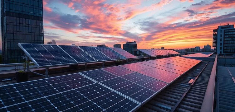 Corporate rooftop solar panel installation, clean energy initiative, solar power, clean technology - Powered by Adobe