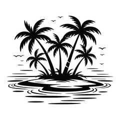 Obraz premium Tropical Island Line art, Silhouette, Vector, Icon, Logo, White Background.