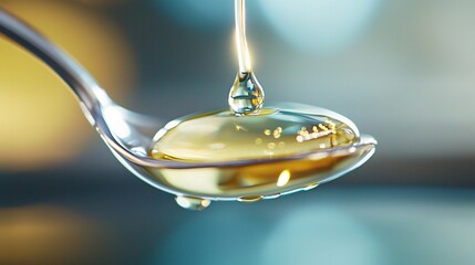 Olive Oil with Benefits Concept. Close-Up of Honey Droplet on Silver Spoon Surface