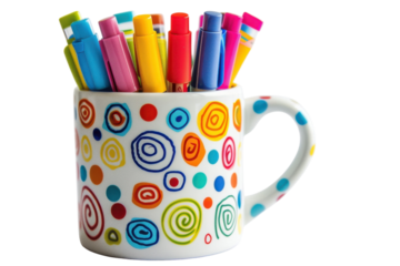 Colorful markers arranged in a whimsical cup filled with vibrant designs, perfect for creative projects at any time isolated on transparent background