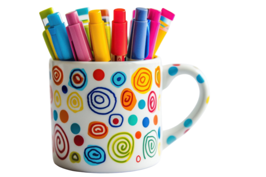 Colorful markers arranged in a whimsical cup filled with vibrant designs, perfect for creative projects at any time isolated on transparent background