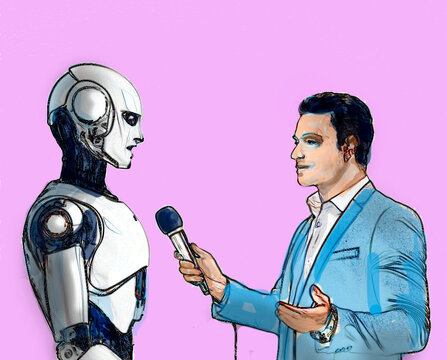 Illustration of a journalist interviewing a robot with a microphone