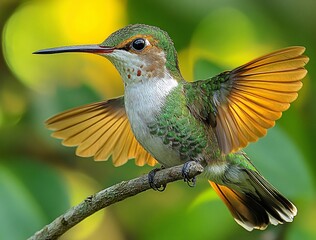 Fototapeta premium Vibrant Hummingbird Spreading Wings in Lush Green Environment
