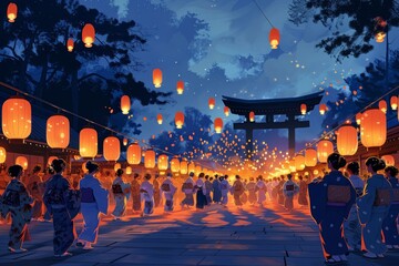 People performing the Bon Odori dance at the Obon Festival, honoring ancestors