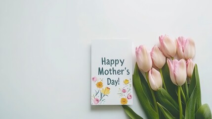 Softly lit studio photo of a pink tulip bouquet and Mother's Day card on a white background, ideal for celebrating maternal love and appreciation.