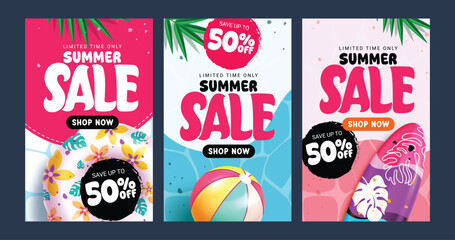 Summer sale clipart poster set. Summer sale text clip art collection in abstract background for holiday limited time shopping discount with tropical beach elements postcard layout template 