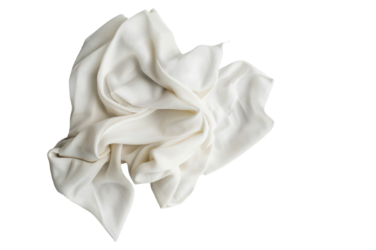 Softly crumpled white fabric draped artistically on a smooth surface in natural light during the calm of morning isolated on transparent background