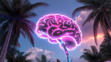 Neon Brain Art Among Tropical Palms at Twilight Sky