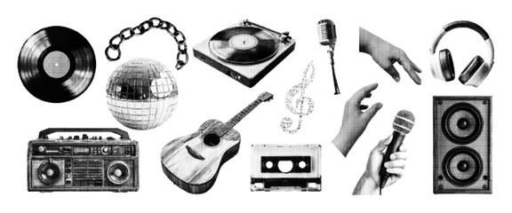 Vintage halftone music elements set. Vinyl record, cassette, speaker, radio, chain, microphone, microphone, chain, headphones. Retro vector illustration. © Olgadesigner
